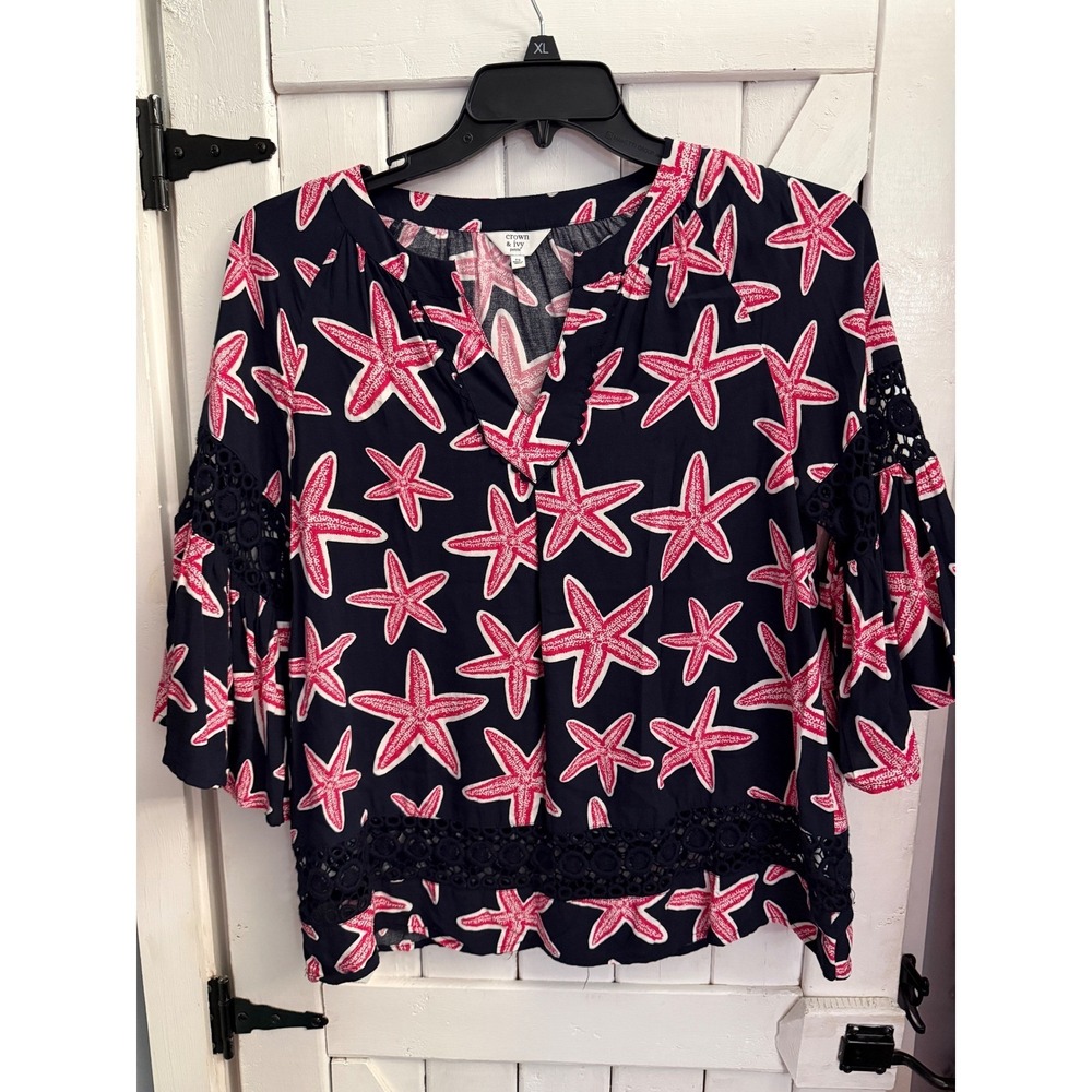Crown & Ivy Petite Navy Starfish Print Bell Sleeve Lace Trim Blouse Top PS